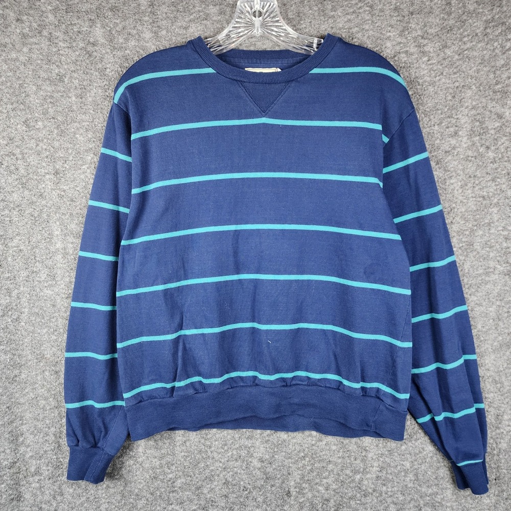 LL Bean Sweatshirt Mens L Blue Striped Vintage Cotton Crewneck Made in USA